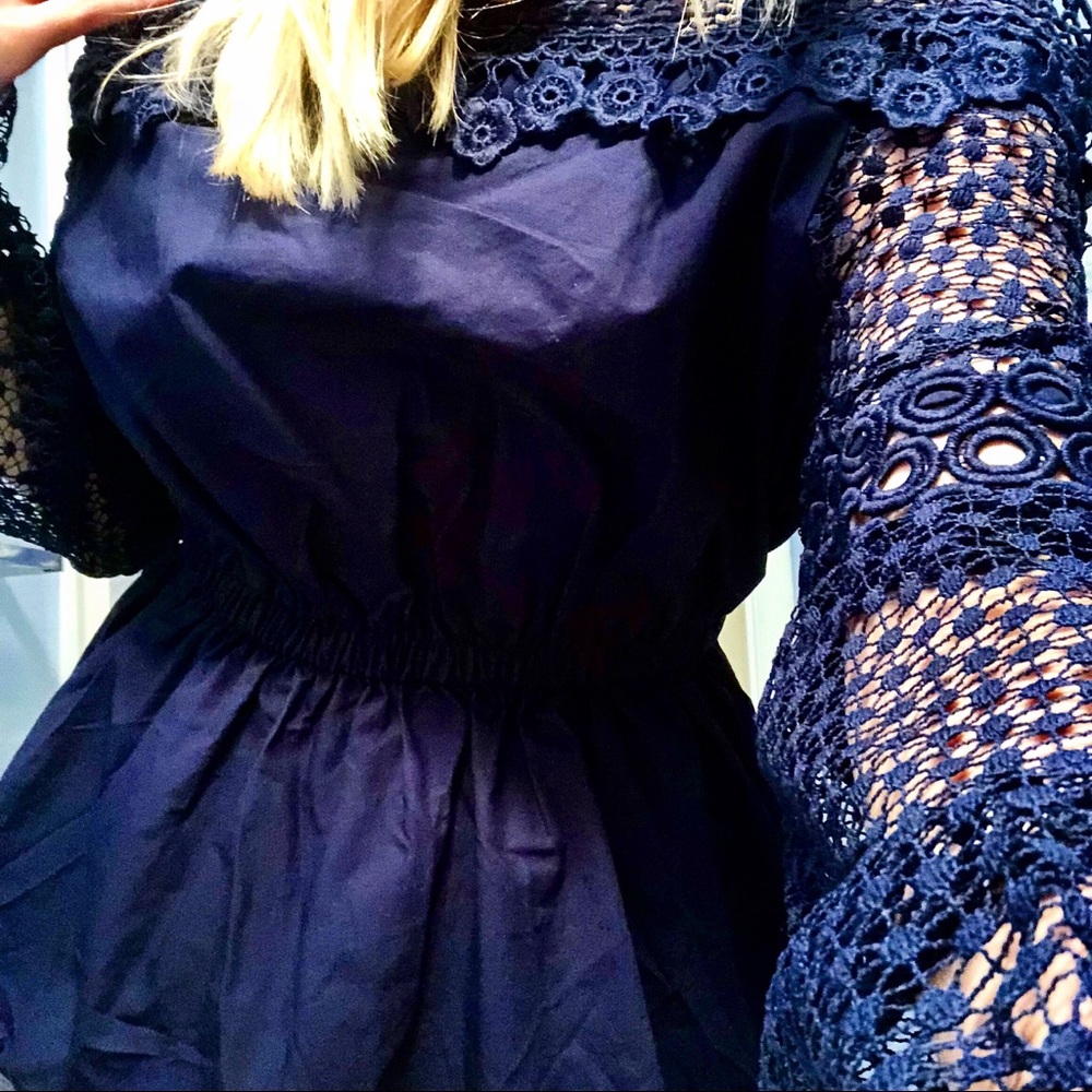 🌙 Off Shoulder Deep Blue Lace Sleeved Top - Picture 2 of 5